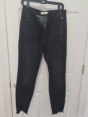 KanCan Women's Straight Leg Black Jeans with Raw Hem